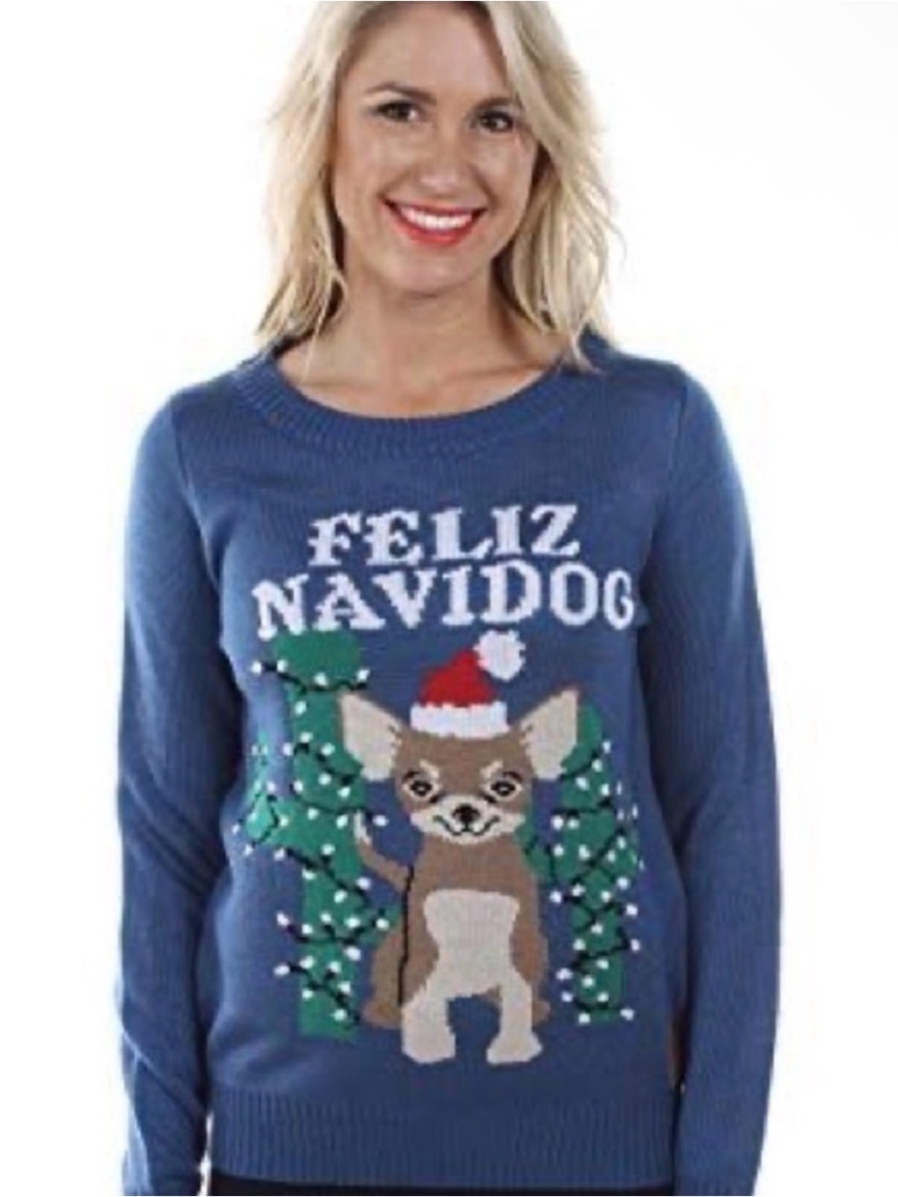 Tipsy Elves Feliz Navidog Blue Holiday Sweater, Small, NWT